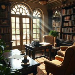 A peaceful writer's room with a dark wooden desk, a vintage typewriter, and scattered pages of manuscript