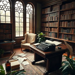 A peaceful writer's room with a dark wooden desk, a vintage typewriter, and scattered pages of manuscript