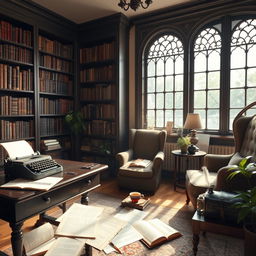 A peaceful writer's room with a dark wooden desk, a vintage typewriter, and scattered pages of manuscript