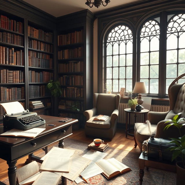 A peaceful writer's room with a dark wooden desk, a vintage typewriter, and scattered pages of manuscript