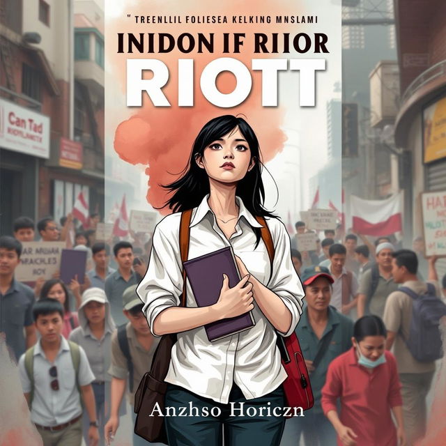 book cover illustration depicting the 1998 Indonesian riot events, prominently featuring a female university student as the main character