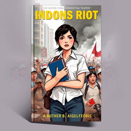 book cover illustration depicting the 1998 Indonesian riot events, prominently featuring a female university student as the main character