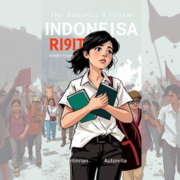 book cover illustration depicting the 1998 Indonesian riot events, prominently featuring a female university student as the main character