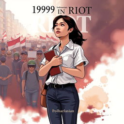 book cover illustration depicting the 1998 Indonesian riot events, prominently featuring a female university student as the main character