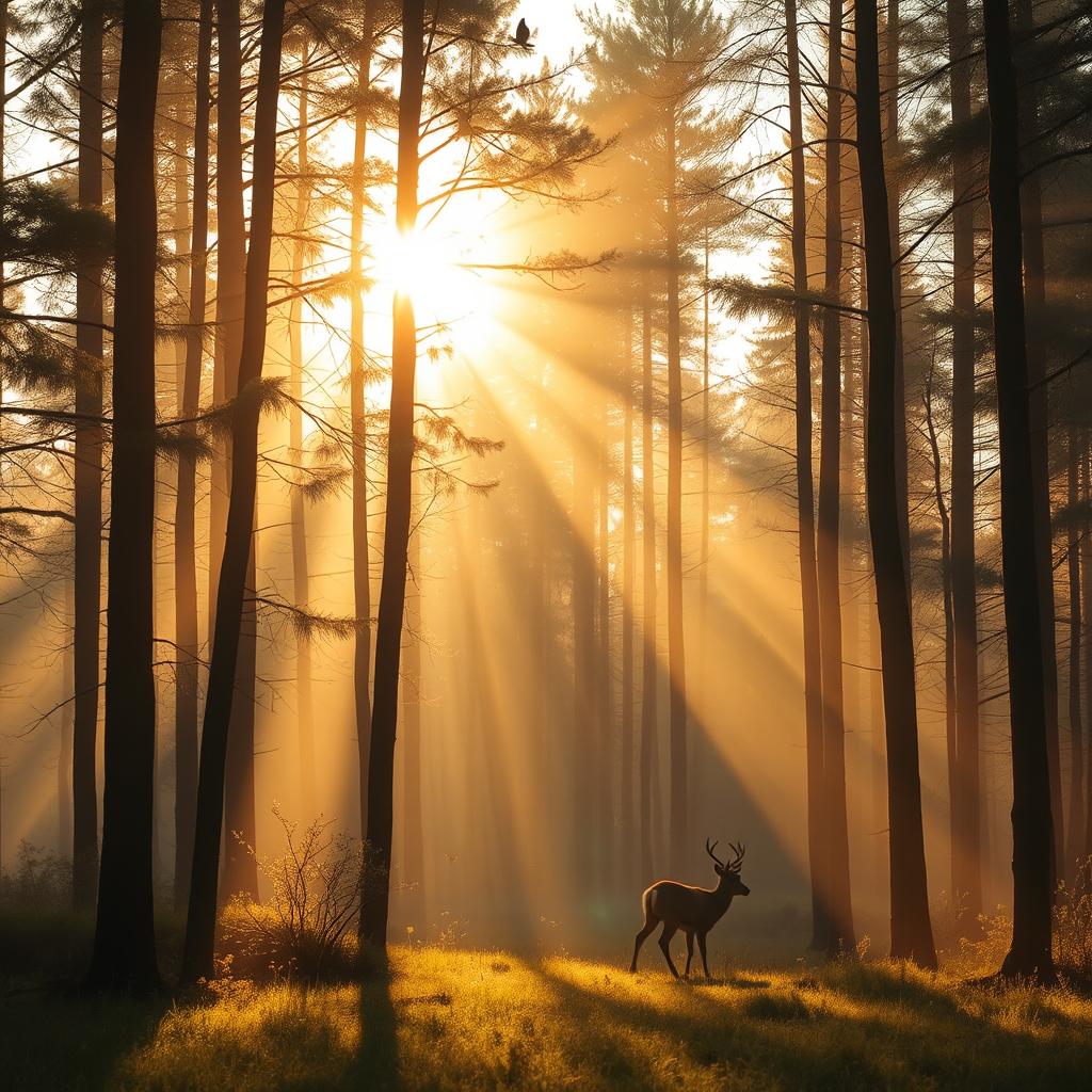 A serene forest landscape bathed in the golden light of dawn