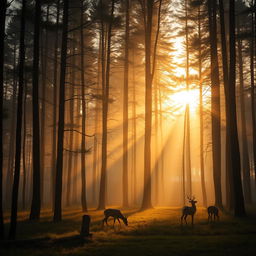 A serene forest landscape bathed in the golden light of dawn