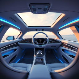 A futuristic vehicle interior featuring sleek, minimalist design elements