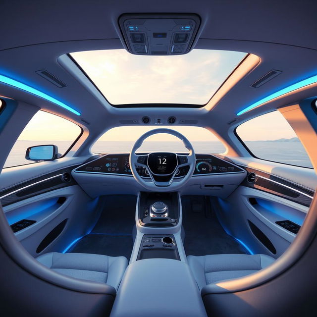 A futuristic vehicle interior featuring sleek, minimalist design elements