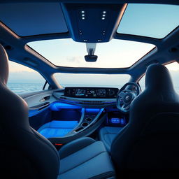 A futuristic vehicle interior featuring sleek, minimalist design elements