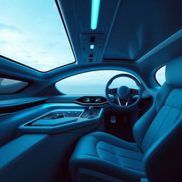 A futuristic vehicle interior featuring sleek, minimalist design elements