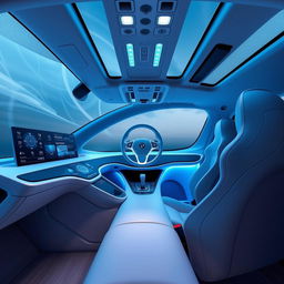 A futuristic vehicle interior featuring sleek, minimalist design elements