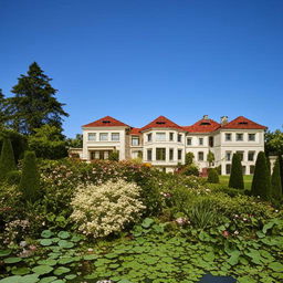 A grand, elegant house with finely detailed architecture, surrounded by a lush, serene garden under a bright, clear sky