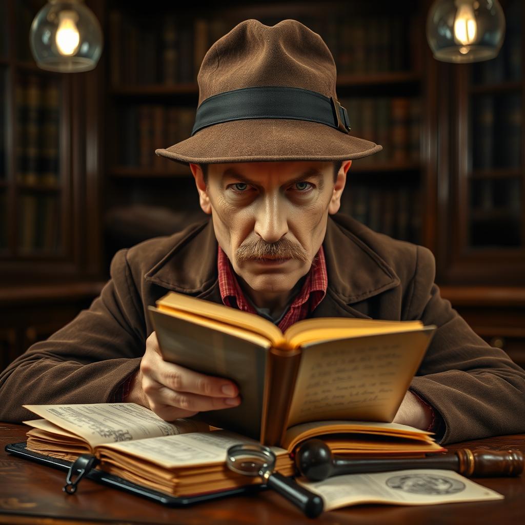 A close-up portrait of a serious, wise detective sitting in a dimly lit vintage study room