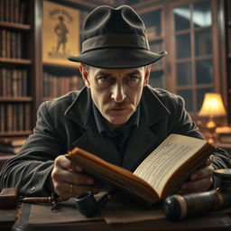 A close-up portrait of a serious, wise detective sitting in a dimly lit vintage study room