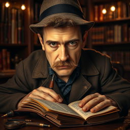 A close-up portrait of a serious, wise detective sitting in a dimly lit vintage study room