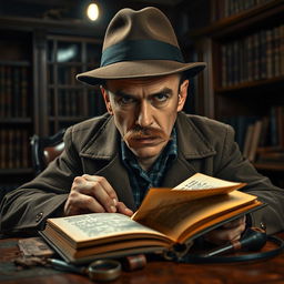 A close-up portrait of a serious, wise detective sitting in a dimly lit vintage study room