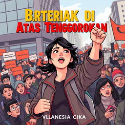 book cover illustration titled "Berteriak di Atas Tenggorokan" by Vlanesia Cika, featuring a female university student as the main character