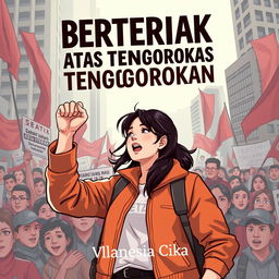 book cover illustration titled "Berteriak di Atas Tenggorokan" by Vlanesia Cika, featuring a female university student as the main character