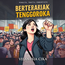 book cover illustration titled "Berteriak di Atas Tenggorokan" by Vlanesia Cika, featuring a female university student as the main character