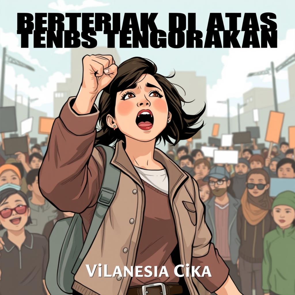 book cover illustration titled "Berteriak di Atas Tenggorokan" by Vlanesia Cika, featuring a female university student as the main character