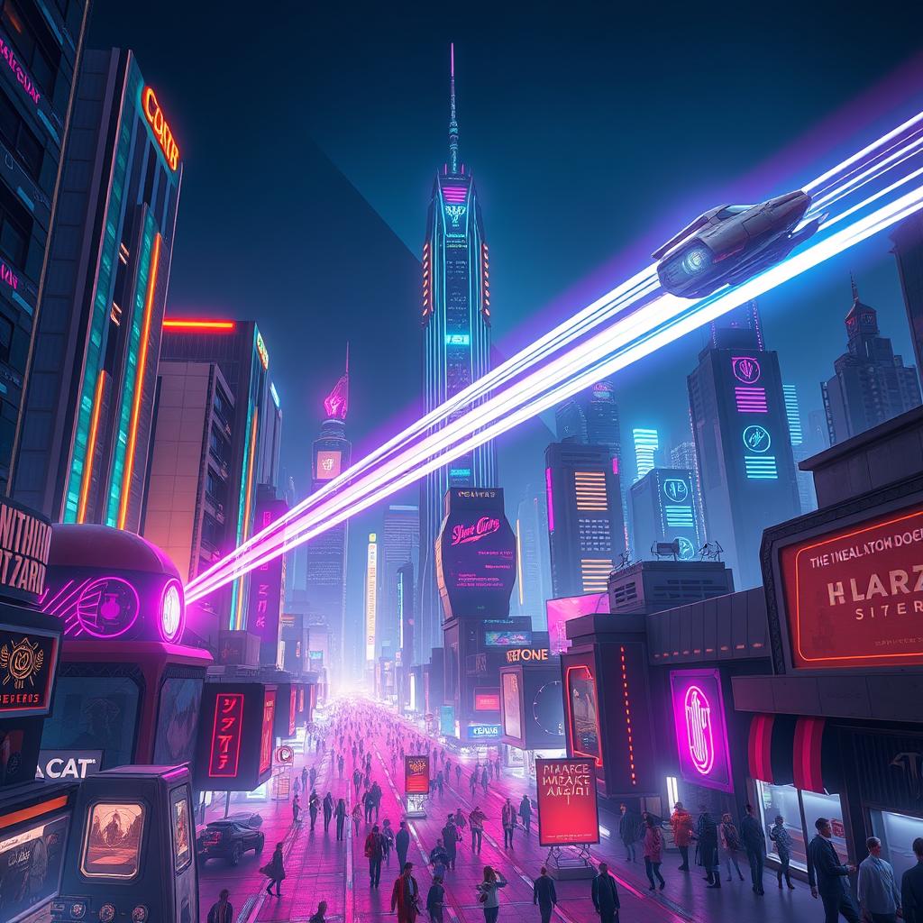 A futuristic cityscape at night, with towering skyscrapers adorned with glowing neon lights in vibrant colors