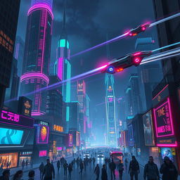 A futuristic cityscape at night, with towering skyscrapers adorned with glowing neon lights in vibrant colors