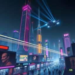 A futuristic cityscape at night, with towering skyscrapers adorned with glowing neon lights in vibrant colors