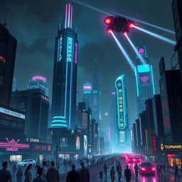 A futuristic cityscape at night, with towering skyscrapers adorned with glowing neon lights in vibrant colors