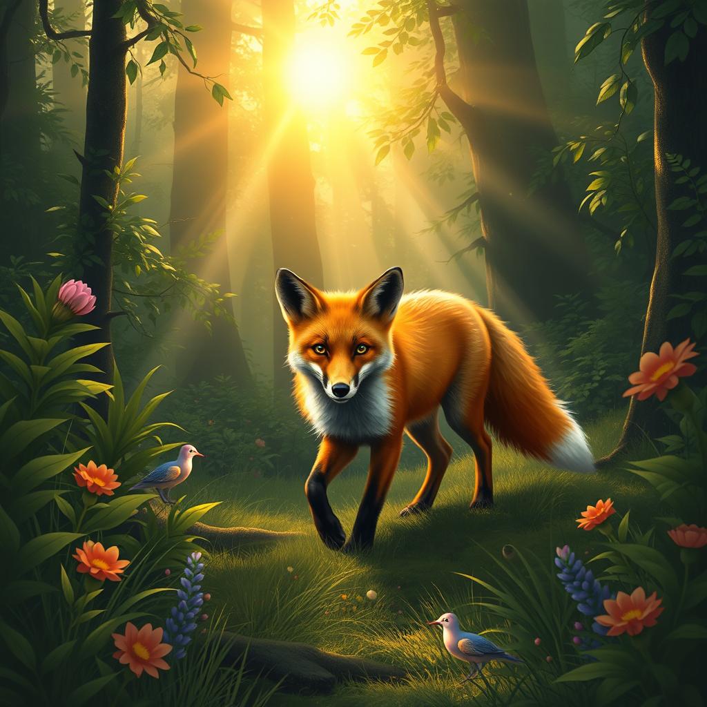 A serene, peaceful fox wandering through an enchanted forest at sunrise, with sun rays filtering through the dense foliage