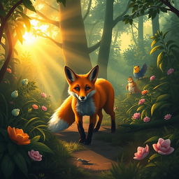 A serene, peaceful fox wandering through an enchanted forest at sunrise, with sun rays filtering through the dense foliage