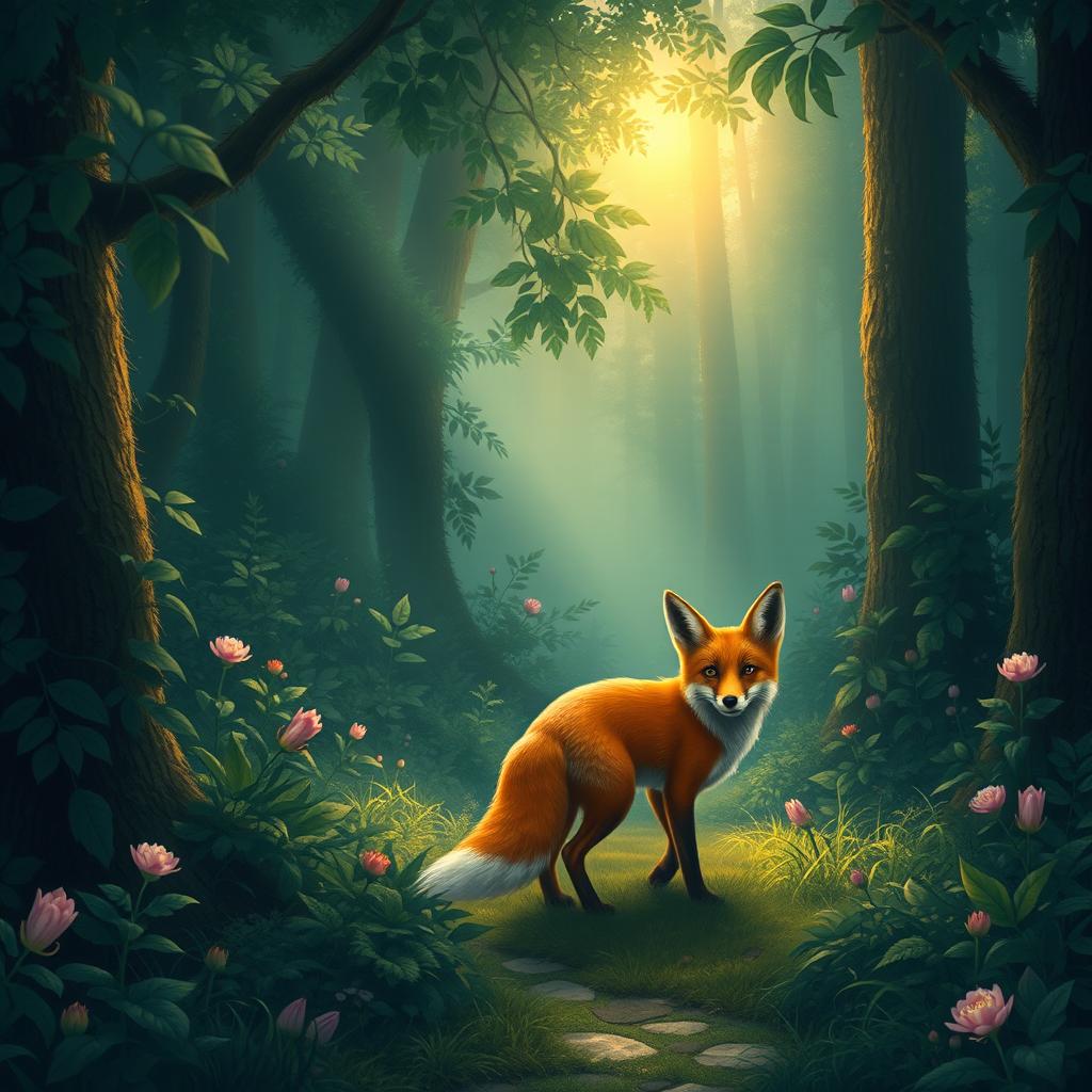 A serene, peaceful fox wandering through an enchanted forest at sunrise, with sun rays filtering through the dense foliage