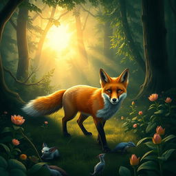 A serene, peaceful fox wandering through an enchanted forest at sunrise, with sun rays filtering through the dense foliage