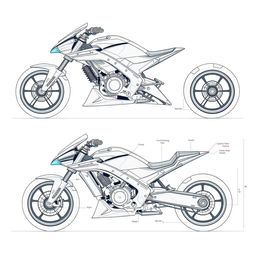 A detailed blueprint of a futuristic motorcycle concept, showcasing multiple views including side, top, front, and back