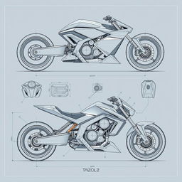 A detailed blueprint of a futuristic motorcycle concept, showcasing multiple views including side, top, front, and back