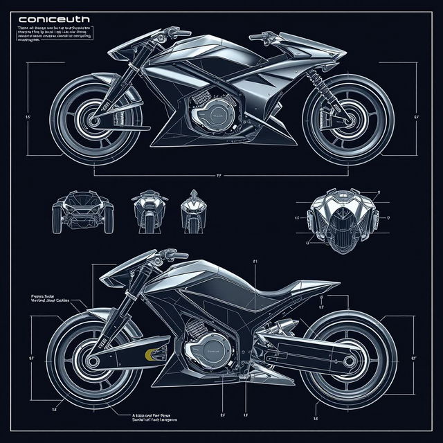 A detailed blueprint of a futuristic motorcycle concept, showcasing multiple views including side, top, front, and back