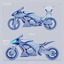 A detailed blueprint of a futuristic motorcycle concept, showcasing multiple views including side, top, front, and back