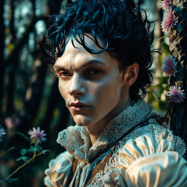 Intense close-up hyper-realistic 3D photograph of a different androgynous Russian man in Rococo attire with ultra-high resolution facial features, immaculate composition and lighting.