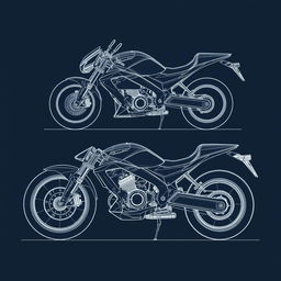 A detailed blueprint of a motorcycle concept focusing on the front and back views