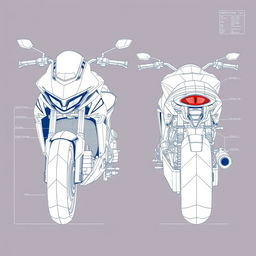 A detailed blueprint of a motorcycle concept focusing on the front and back views