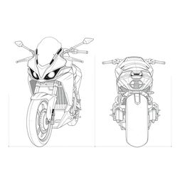 A detailed blueprint of a motorcycle concept focusing on the front and back views