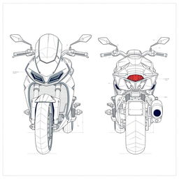 A detailed blueprint of a motorcycle concept focusing on the front and back views