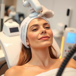 A woman undergoing a hair removal treatment in a salon setting, showcasing smooth skin and a sense of relaxation