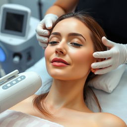 A woman undergoing a hair removal treatment in a salon setting, showcasing smooth skin and a sense of relaxation