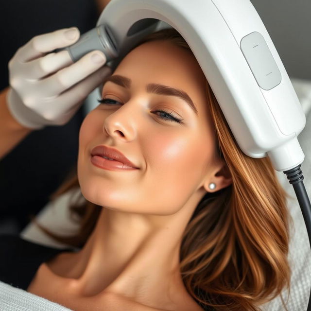 A woman undergoing a hair removal treatment in a salon setting, showcasing smooth skin and a sense of relaxation