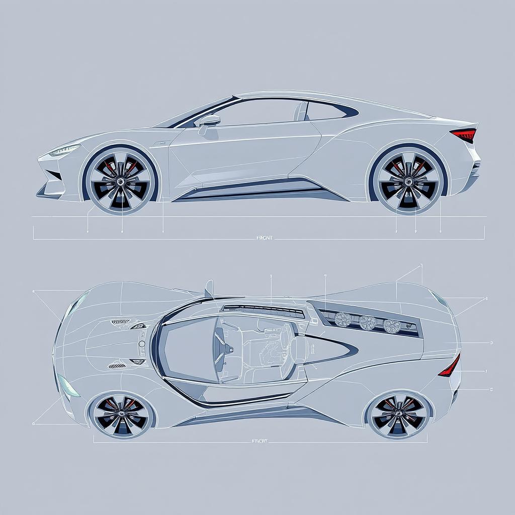 A comprehensive blueprint of a cutting-edge car concept, showcasing the front, back, left, right, and top views