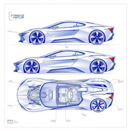 A comprehensive blueprint of a cutting-edge car concept, showcasing the front, back, left, right, and top views