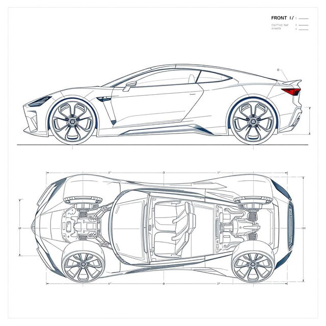 A comprehensive blueprint of a cutting-edge car concept, showcasing the front, back, left, right, and top views