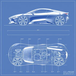 A comprehensive blueprint of a cutting-edge car concept, showcasing the front, back, left, right, and top views