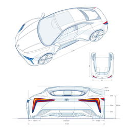 A detailed blueprint of an innovative car concept showcasing the front, back, and top views