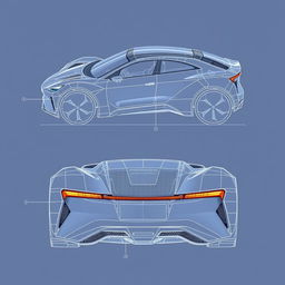 A detailed blueprint of an innovative car concept showcasing the front, back, and top views